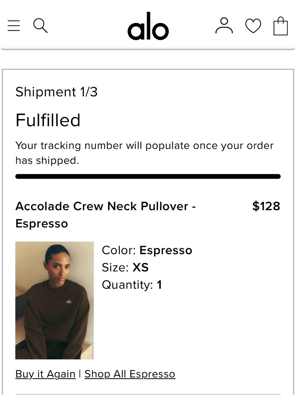 Alo Accolade Crew Neck Pullover Espresso Sz XS - Picture 3 of 3